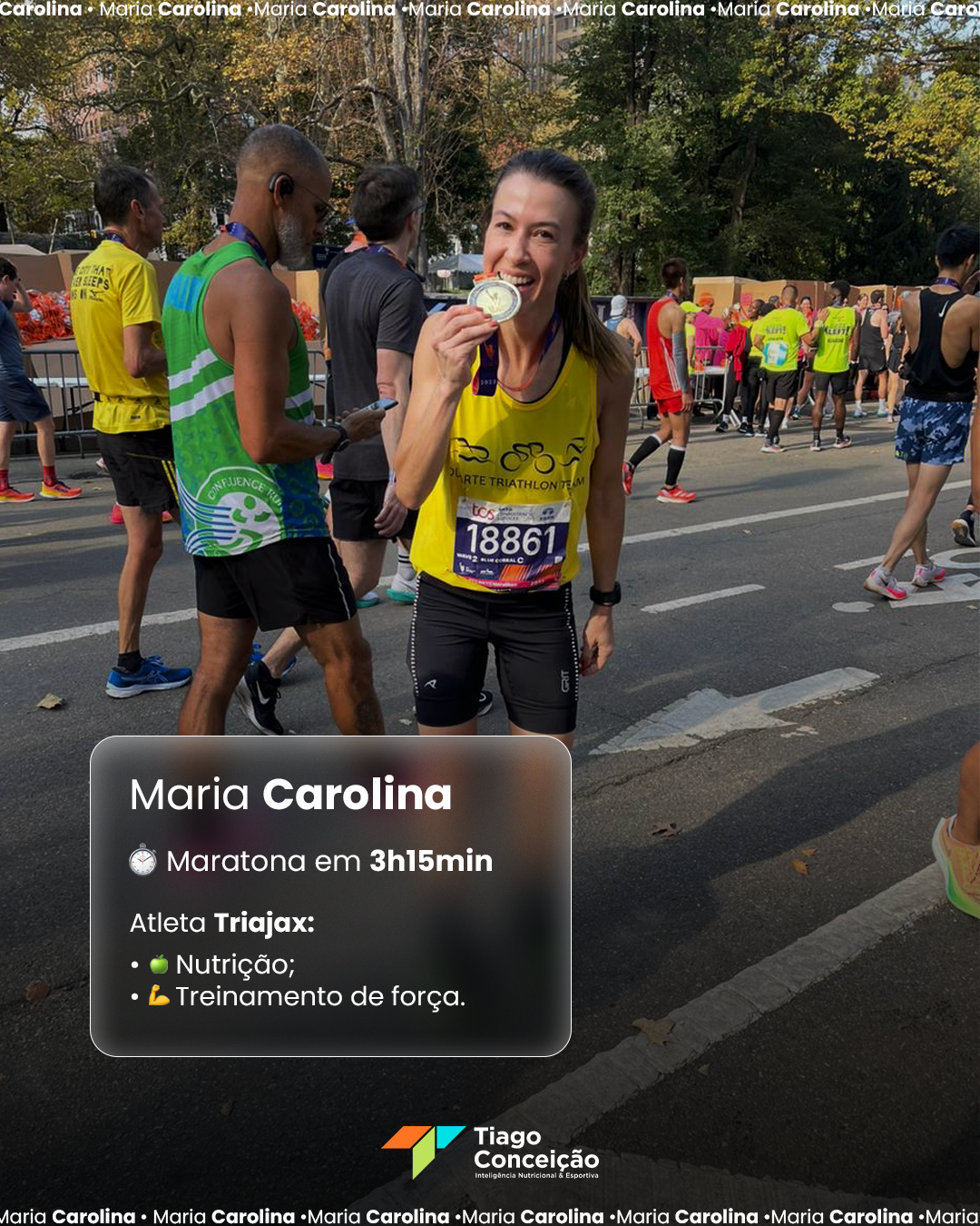 Maria Carolina com medalha — maratona em 3h15min com nutrição e treinamento de força